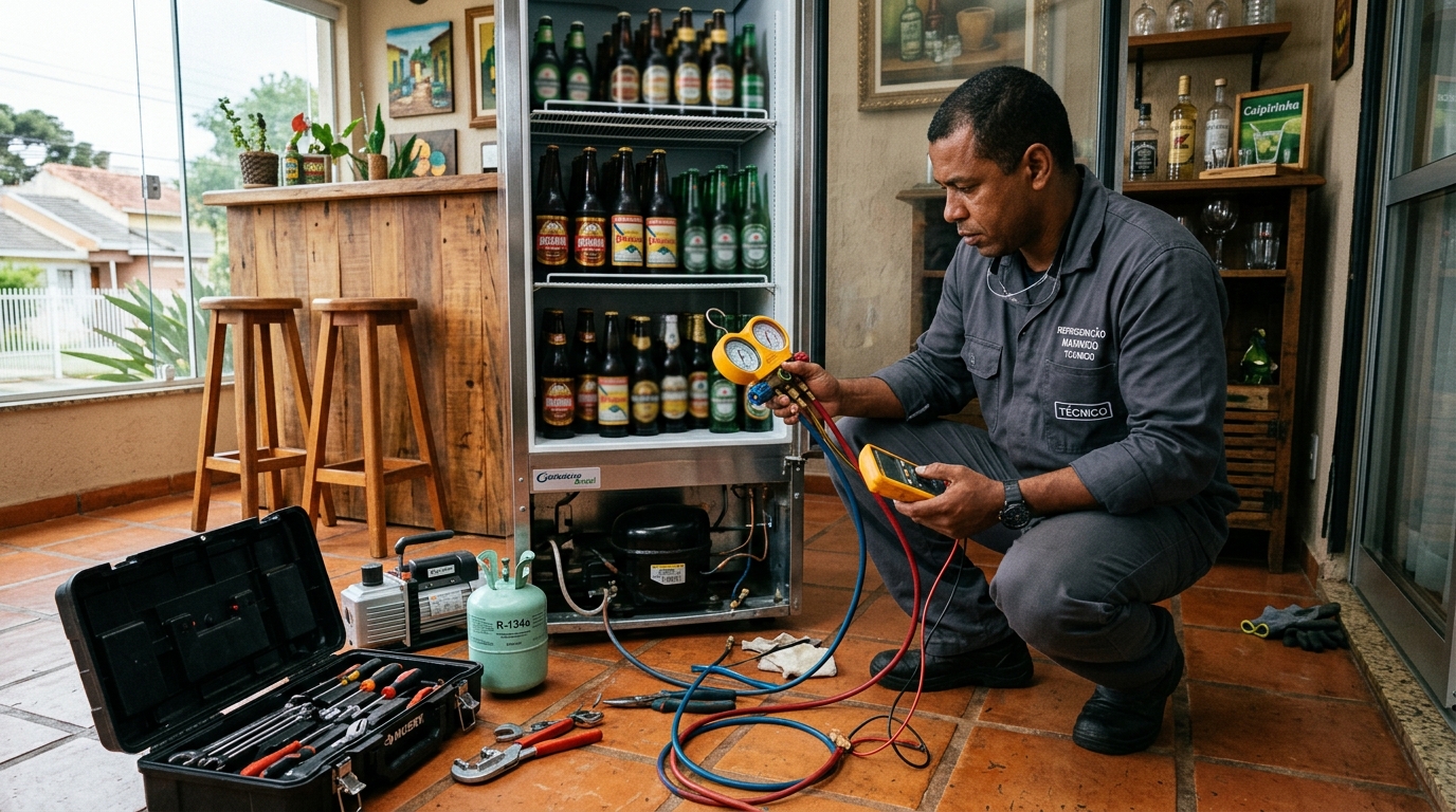 Técnico realizando manutenção de motor de cervejeira no Centro, Palmas‑TO