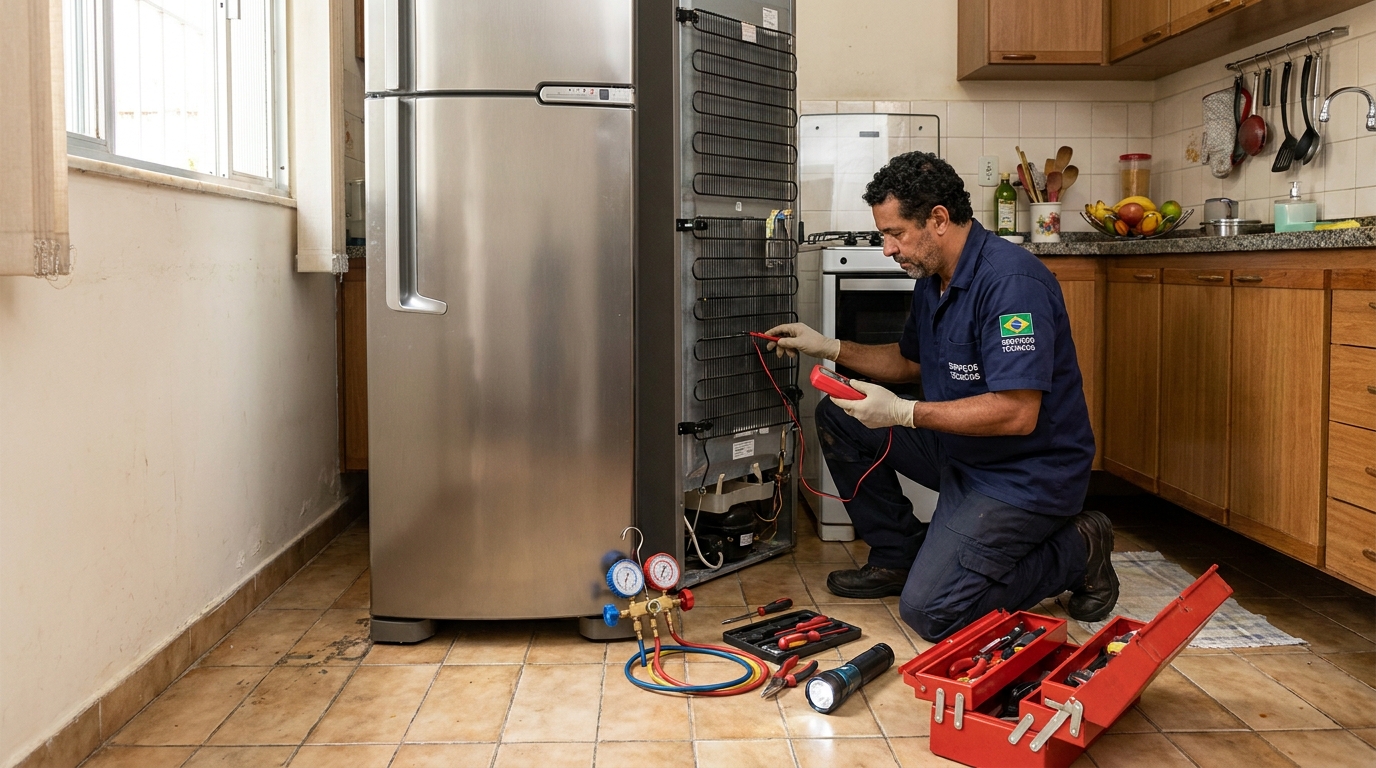 Técnico realizando manutenção de motor de geladeira no Jardim Paulista, Palmas‑TO