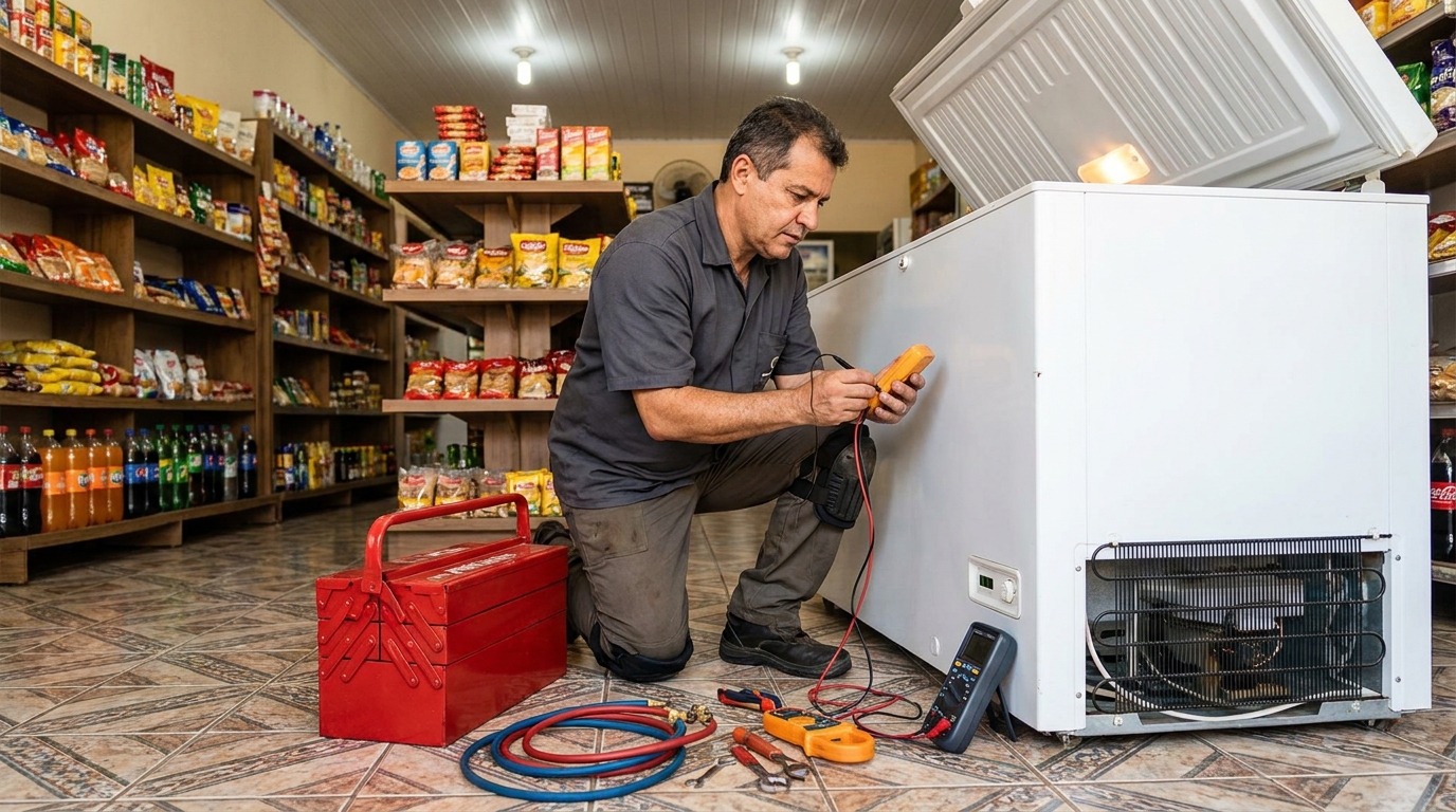Recarga de gás refrigerante em freezer em atendimento na Buritirana, Palmas‑TO