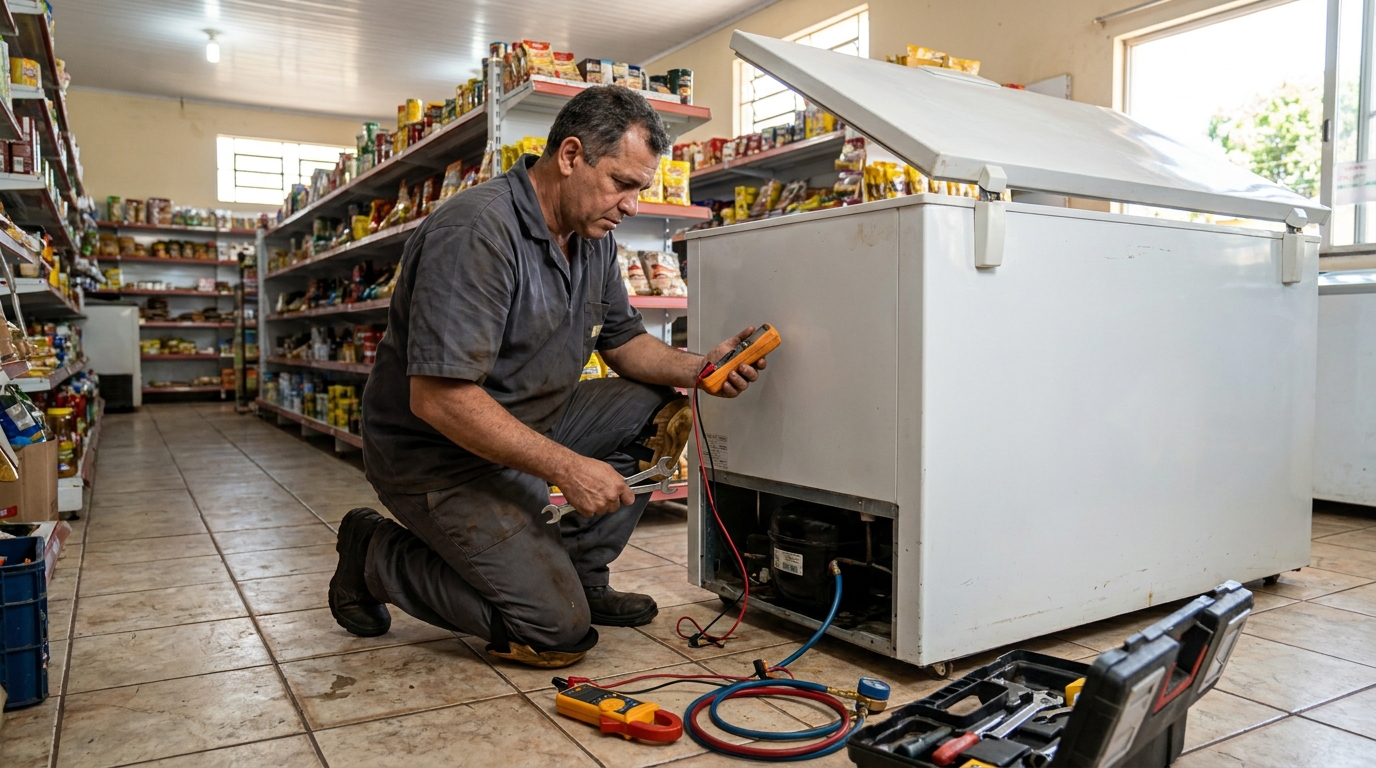 Troca de termostato de freezer em atendimento técnico na Buritirana, Palmas‑TO